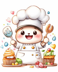 Naklejka premium Cute chef character holding cooking utensils, surrounded by cupcakes
