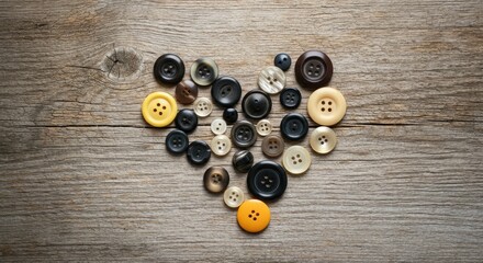Buttons arranged in heart shape on wooden surface, symbolizing sewing or crafting