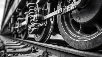 Fototapeta premium Close-up black and white image of train wheels on railroad tracks