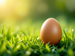 A brown egg nestled in lush green grass, bathed in soft sunlight, evoking a sense of natural beauty.