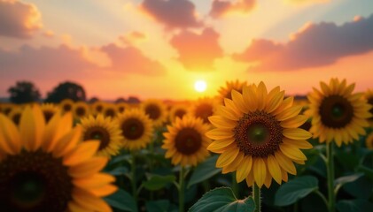 Obraz premium Sunflowers stretching towards the sky at dusk, horizon, soft, sky