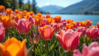 A Breathtaking Field Of Vibrant Pink And Orange Tulips Basking In The Suns Warmth Near A Tranquil Lake And Majestic Mountains Under A Clear Blue Sky