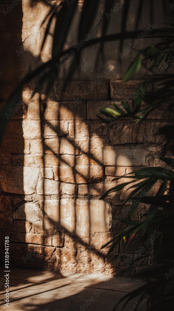 Poster Soft sunlight filters through leaves, casting intricate patterns of shadows on a rustic brick wall. The warm glow and natural elements create a tranquil ambiance, perfect for relaxation