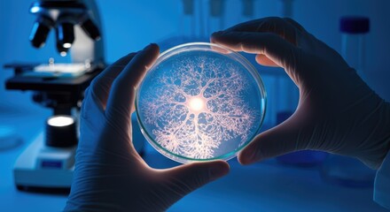 Hands holding petri dish with neuronal pattern, representing scientific research in laboratory