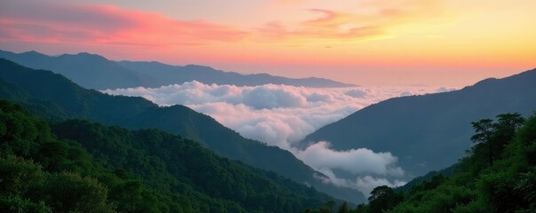 Soft orange clouds drift across Alishan's landscape, chiayi, alishan, serene