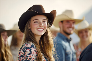 Smiling texan woman in floral dress and cowboy hat at outdoor gathering
