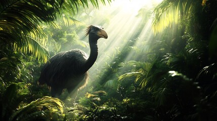 Colossal Elephant Bird Aepyornis maximus extinct standing in a dense tropical forest with shafts of sunlight piercing through thick foliage