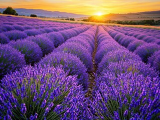 Fototapeta premium Enchanting lavender field at sunset with soft purple flowers illuminated by warm light