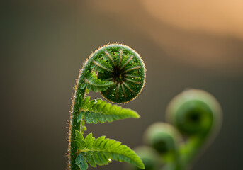 A close-up of a dew-covered fern unfurling in soft light.