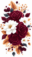 Elegant floral bouquet of deep burgundy roses and white blooms, accented with gold and gray foliage