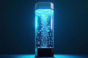  Portable hydrogen water generator with water bubbles in blue backlight on a dark background. The concept of longevity - alkalization of the body