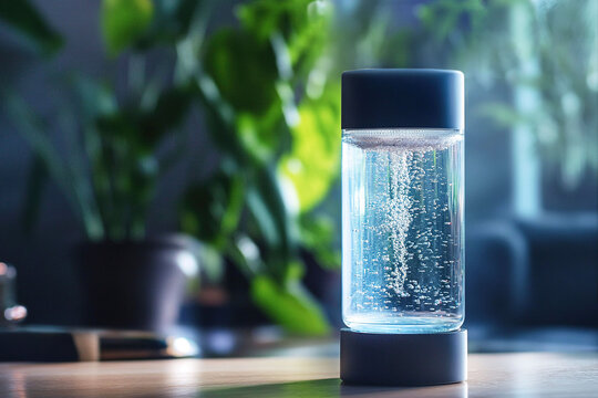 Advertising photo Portable Hydrogen Water Generator against the background of a room with plants