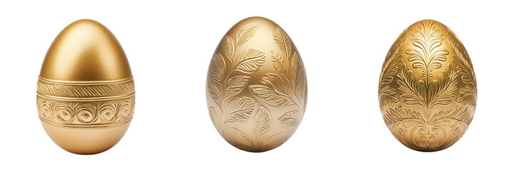 Elegant Decorative Golden Eggs with Intricate Patterns and Smooth Finishes white isolate background