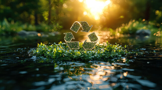 Green leafy plant is floating on top of a body of water. The plant is surrounded by a circle of green leaves, which is a symbol of recycling. Concept of environmental conservation
