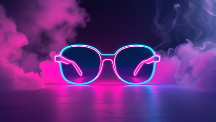 Neon glasses, vibrant colors, glowing frames, pink and blue hues, futuristic design, smoky background, neon lights, stylish eyewear, modern aesthetic, colorful glow, trendy accessory, eye-catching, in