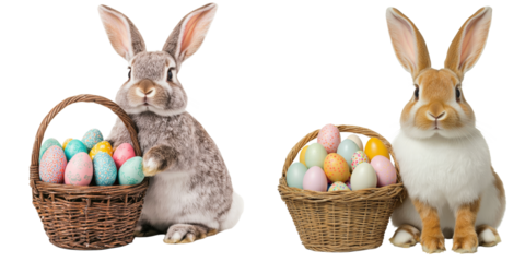 Cute rabbits with Easter baskets filled with colorful eggs on a white background