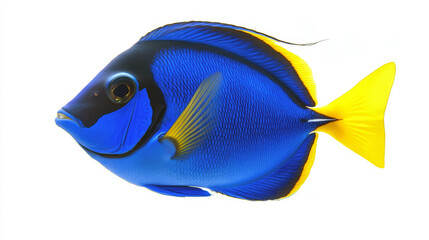 Blue tang fish with distinctive yellow tail on white background