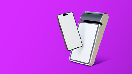 Contactless payment by mobile phone banking empty screen through the terminal on a purple background. Payment concept. Blank screen smartphone with pos machine mock up.