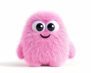 Fluffy pink creature with large eyes and a small smile