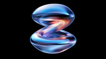Abstract swirling blue and orange glass shape on black background.