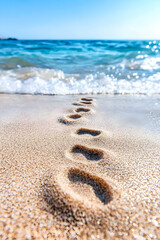 Footprints lead towards ocean, wet sand, sunny beach day