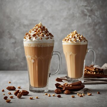 "High-resolution image of a delicious toffee nut latte and a caramel latte, both served in elegant glass cups. The toffee nut latte has a rich, golden-brown hue with creamy froth on top, drizzled with
