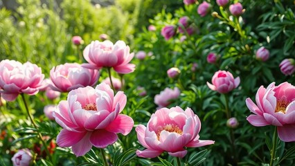 Obraz premium Peonies and fairies blend seamlessly into the garden landscape, nature, peonies, floral
