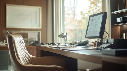 Fototapeta premium A modern office desk with a computer, chair, and lamp, overlooking a window.
