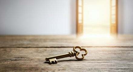 Golden key lying on wooden surface in front of open doors leading to bright light