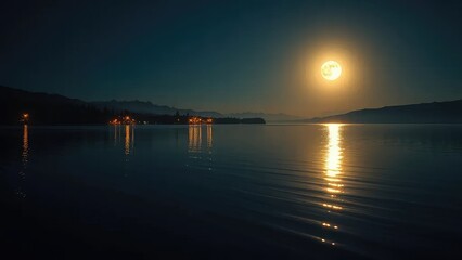 Naklejka premium Moonlit lake reflections shimmering golden light on water, night scene, moonlight, peaceful waters