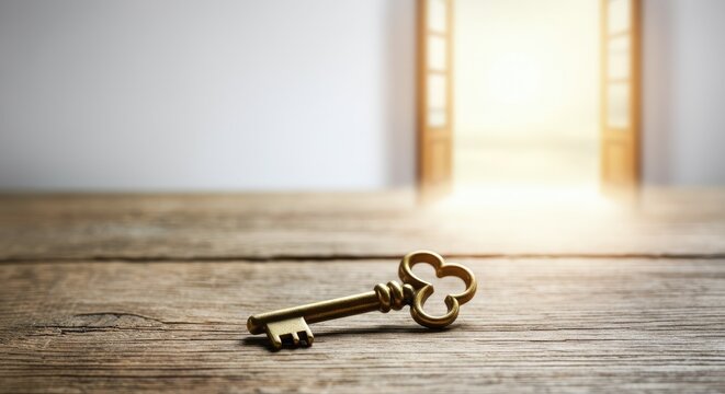 Golden key lying on wooden surface in front of open doors leading to bright light