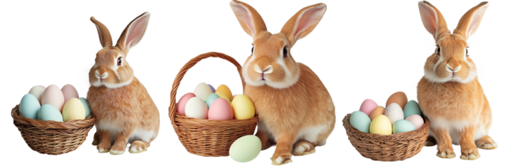 Adorable Rabbits with Colorful Easter Eggs in Baskets white isolate background