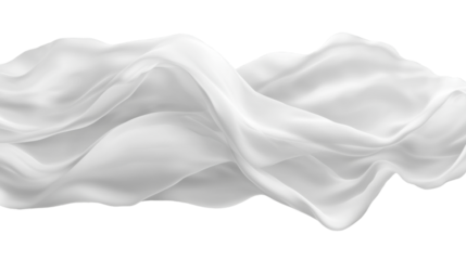 A delicate, elegant white fabric billowing in the wind, cut out and isolated on a transparent background, with subtle curves and soft, flowing edges