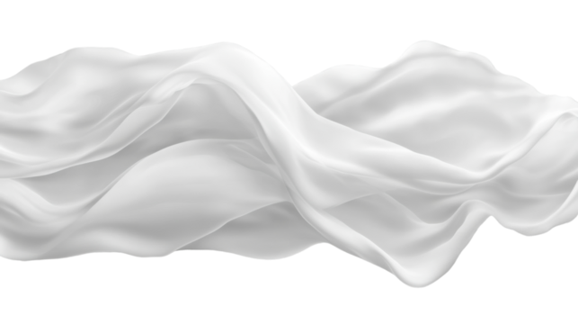 A delicate, elegant white fabric billowing in the wind, cut out and isolated on a transparent background, with subtle curves and soft, flowing edges