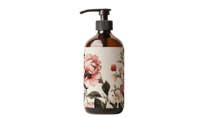 A shampoo bottle with printed design mockup on transparent background