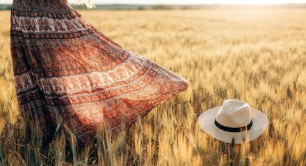 Woman in flowing dress wheat field at sunset with straw hat