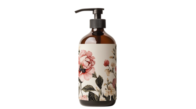 A shampoo bottle with printed design mockup on transparent background