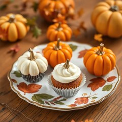 Mini pumpkins and cupcakes on a decorative plate, fall baking, mini decorations