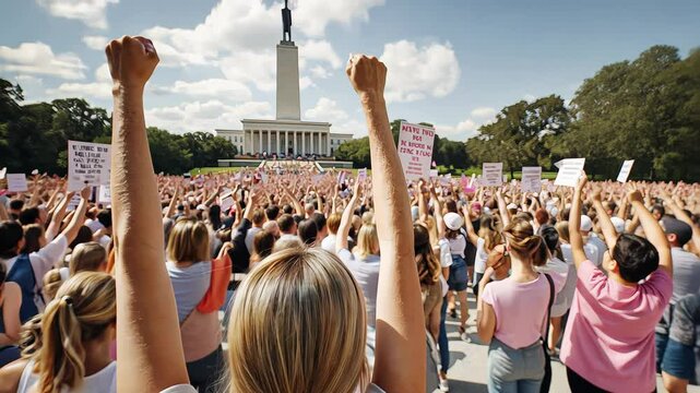 A large group of people gathered at a political rally or protest, raising their hands and holding signs. The scene takes place in an open outdoor setting with a historical building in the background