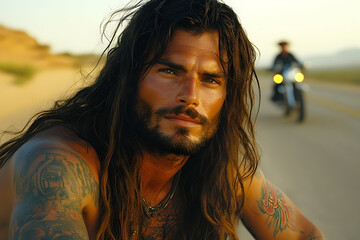A man with long hair and tattoos sits on a road, a motorcycle in the background.  Sunset lighting