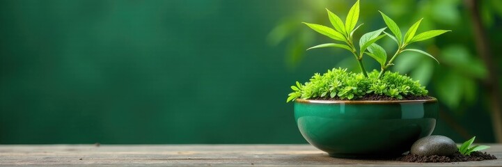 Obraz premium Green ceramic pot with bamboo decorative bush and ferns growing out of the soil, blossoms, lush