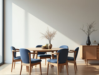 Fototapeta premium Round wooden dining table and blue chairs. Scandinavian, mid-century home interior design of modern dining room. 
