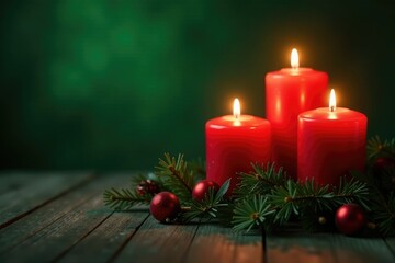 Green and red candles lit up on a dark moody green brown background, winter wonderland, ambiance