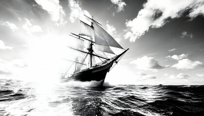 Historic sailing ship, powerful and majestic, cutting through waves under a dramatic sky