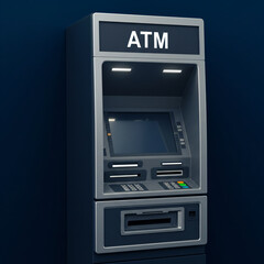 A metallic gray ATM with a digital screen and buttons.