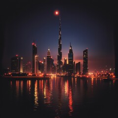 Obraz premium Dubai Nightscape, vibrant city skyline glowing under the night sky, iconic architecture illuminated, showcasing modern urban beauty.