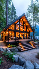 Lakeside cabin at twilight.  Spacious, modern log home with large windows overlooking serene lake