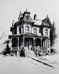 Fototapeta premium Haunted mansion building design in sketch hand drawing black and white on plain white background
