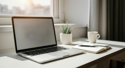 Fototapeta premium Modern home office setup with laptop, notebook, plant, and coffee