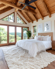 Luxurious bedroom with wooden beams large windows offering scenic views and a fluffy white rug  White bedding adds to